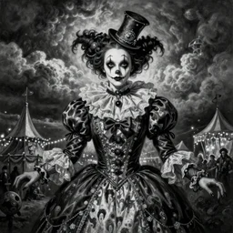 By Tom Bagshaw, ultra realist soft painting of a curiosities carnival by night, Female steampunk Clown in full gothic dress, horror, omnious sky, symmetry accurate features, very intricate details, black and white, volumetric light clouds