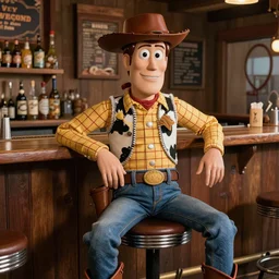 A realistic picture of Clint Eastwood dressed up as Woody from Toy Story, sitting on a bar stool in a western saloon