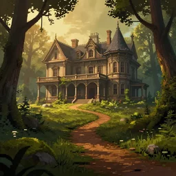 an ancient old victorian mansion hidden in the mossy forest, trails, dynamic angle, atmospheric golden light, cinematic landscape, uncharted game vibes, one pixel brush, art by eytan zana, greg rutkowski, 8 k render