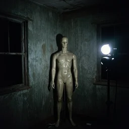 Photograph of an abandoned 1940s liminal space, creepy mannequin standing in corner, dark, no lights, moist, taken using a film camera with 35mm expired film, bright camera flash enabled, award winning photograph, creepy, liminal space