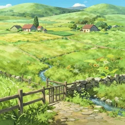 an anime movie background matte painting of a meadow in the countryside, rolling hills, cottages, crops, cobblestone road, rough wooden fence, babbling brook, stone wall, by Makoto Shinkai, trending on Artstation, highly detailed