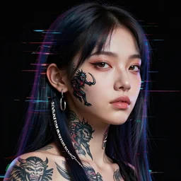 Calm AI girl's face with a tattoo of savages and with caret in very strong glitches, scanlines effects, RGB shift effects, jitter effects. Black background, concept art, octane render, 8k, portrait