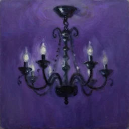 oil painting of a black chandelier swinging and moving violently to the foreground of the painting, dynamic movement, deep purple background, chiaroscuro, automatism, tachisme, violence, heavy impasto technique, painterly, dynamism, iridescence, iridescent gradient