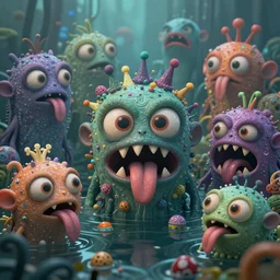 intricate colourful murky! with strange cute friendly angry crazy creatures with huge beauty eyes long tongue triangle teeth and scary face appearing from the water, in the style of craola, shallow depth of field, highly detailed, digital painting, trending artstation, concept art, illustration, cinematic lighting, vibrant colors, photorealism, epic, octane render