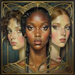 a streamline moderne, art nouveau, multi - ethnic and multi - racial portrait in the style of charlie bowater, and in the style of donato giancola, and in the style of charles dulac. intelligent, expressive, very large eyes. symmetry, ultrasharp focus, dramatic lighting, photorealistic digital painting, intricate, elegant, highly detailed, symmetrical.
