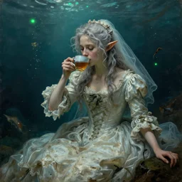 a 1 8 th century, messy, silver haired, ( ( ( mad ) ) ) elf princess ( look like ( ( young kate winslet ) ) ), dressed in a ( dirty ), wedding dress, is ( ( drinking a cup of tea ) ). everything is underwater! and floating. greenish blue tones, theatrical, ( ( green lights ) ) oil canvas by john william waterhouse