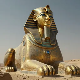 a scene of a beautiful intricate epic futuristic hyper detailed cyber sphynx of egypt, cinematic lighting taken from the ground looking up