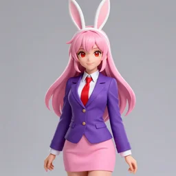 portrait of woman with pink hair, large red eyes, and white rabbit ears wearing a purple suit with a red tie and a pink miniskirt, character design by ross tran, bo chen, rebecca oborn, michael whelan, artstation
