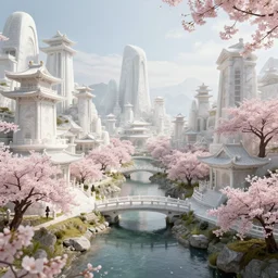 ancient utopian japanese city in paradise, canals, bridges, white marble buildings, sakura trees, blooms, by leon tukker, zaha hadid, photography, cinematic lighting, octane render, artstation