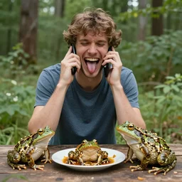 funny laughing man with shyness talking on phone, going to eat delicacy, sitting in nature, singing and biting tongue. frightened man eating frog, laughing alive by nature. delicious delicacies and communication. stupor and timidity, deaf man go in for food, eat funny frog, fear of strange animal, frighten alive tongue, open mouth scream.