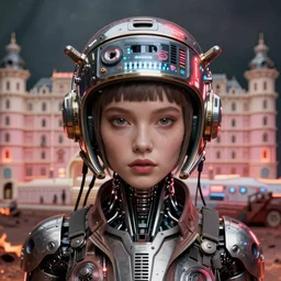 a cyborg space girl, flawless symmetrical pretty cute face, greg rutkowski, 8 k, shallow depth of field, intricate detail, concept art, blade runner 2 0 4 9, scorched earth, cassette futurism, modular synthesizer helmet, the grand budapest hotel, glow, digital art, artstation, pop art, by hsiao - ron cheng