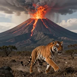 A tiger running away from an erupting volcano