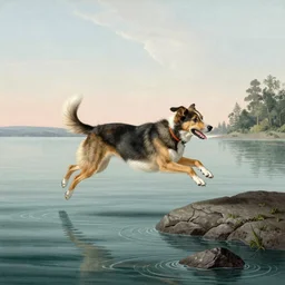 a dog jumping over a lake erie by john james audubon, highly detailed