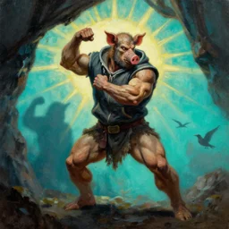 muscular pig  barbarian hunter  full body fighting pose wearing sport hoodie , sun rays , big shadows, small bird sihouettes  in cyan background , very textured detailed  oil painting by rembrandt , hard backlight , in dark cave