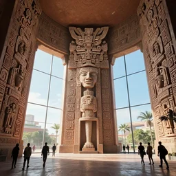 the inside of a monument with aztec motifs, by tim blandin and arthur haas and bruce pennington and john schoenherr, big windows architecture by zaha hadid, octane render, cinematic, scenery, cgsociety, modernism, futuristic, trending on artstation, sci - fi, high detail, high quality, close up angle, people walking