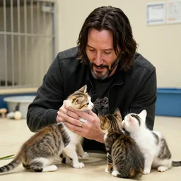 heartwarming photo of Keanu Reeves playong with kittens at a rescue shelter