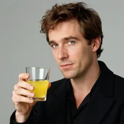Maurice Ravel holding a glass of yellow liquid