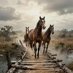 headless horsemen crossing a rickety bridge