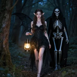 a photo of beautiful woman elf walks in night forest holding lantern in hands, hunted by dark fairy demon ghost of death black skeleton in cloak hood, perfect faces, 8 5 mm