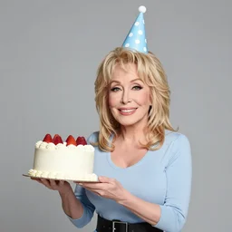 portrait photo still of dolly parton holding a small cake, wearing a birthday hat, in front of a barn on fire, 8 k, 8 5 mm f 1. 8
