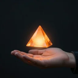 a small glowing orange pyramid floating above an open palm, dark lighting