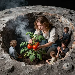 gorgeous inspiring girl caring for tomato plants inside a crater filled with smoke on the moon by Craig Mullins, ilya kuvshinov, krenz cushart, artgerm trending on artstation by Edward Hopper and Dan Mumford and WLOP and Rutkovsky, beksinski carl spitzweg moebius and tuomas kocar, intricate artwork by caravaggio, Unreal Engine 5, Lumen, Nanite