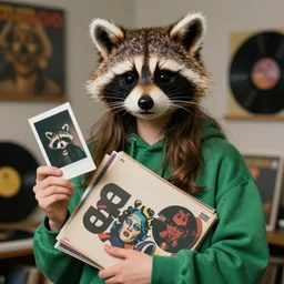 medium shot, photo of a girl in a detailed hyperrealistic raccoon mask, wearing a green hoodie, holding a pile of vinyl records, 8 0 - s, polaroid photo, by warhol,