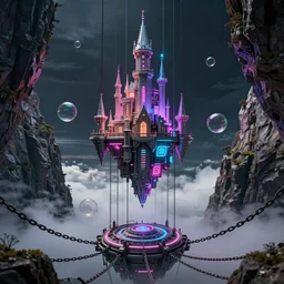 f - zero, ships, tron in the mountain with neon light futuristic hyper realistic cinematic view of floating castle hanging by chains in the air, in between a gorge, below only cloud dark void, structured by chains and cables on base, soap bubble, contrast, metallic, 8 k resolution