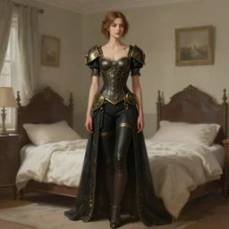 woman model, minimal steampunk clothes, in a bedroom!!!!!!!!!!!!!!!!!!!!, elegant, highly detailed, digital painting, artstation, concept art, smooth, sharp focus, illustration, art by krenz cushart and artem demura and alphonse mucha