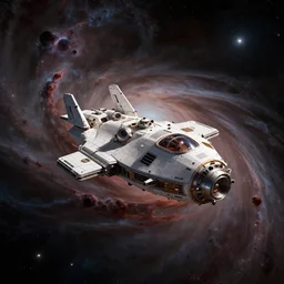 illustration, a single small spaceship, nasa, deep space exploration, alone, the expanse tv series, industrial design, nebula, cinematic lighting, 4k, greebles, widescreen, wide angle, sharp and blocky shapes, rich colors, hyper realistic, hubble photography, beksinski