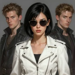 short black hair woman wearing sunglasses and a white leather jacket!! fire emblem, art by artgerm and greg rutkowski and magali villeneuve, portrait, d & d, fantasy, highly detailed, digital painting, trending on artstation, concept art, sharp focus, illustration