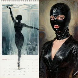 two anime beautiful female body silhouettes, beautiful marbling acrylic fluid portrait, photography by amy leibowitz, renaissance painting by michaelangelo, matte fresco, black latex female balaclava, female calendar, ballerina body covered with black kimono, underwater, melting glass, close up portrait, cinematic still, film still, magic hour, fashion portrait, black colors, sketch