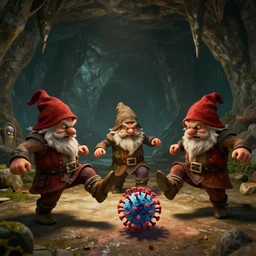 three dwarves from the game deep rock galactic angrily kicking a coronavirus on the floor in the caves of hoxxes iv, unreal engine 4, deep rock galactic gameplay, 4 k, hdr, dramatic lighting,