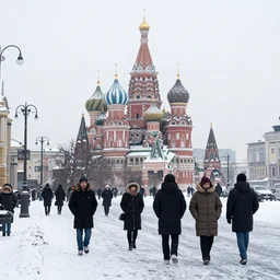 photo of people on the snowy Moscow streets, high details, 70mm