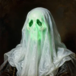 a baroque neoclassicist close - up portrait of a glowing green halloween ghost wearing a white liquid sheet. renaissance portrait. highly detailed science fiction horror painting by norman rockwell, frank frazetta, and syd mead. rich colors, high contrast, gloomy, dark background. artstation