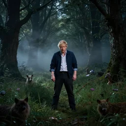 boris johnson in the stranger things upside down world, realistic, photography, award winning, 8 k, wide shot, still frame from the princess mononoke film, in the woods at night, overgrown grass, dramatic, animals, gloomy, volumetric light, ground mist, cinematic, filmic,