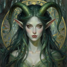 vraska, nissa, voice of alabaster, a powerful and beautiful gorgon elf planeswalker in a forest, intricate, elegant, sharp focus, illustration, highly detailed, digital painting, concept art, matte, headshot, portrait, art by wlop and artgerm and greg rutkowski, magali villeneuve, alphonse mucha, masterpiece