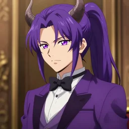 beautiful anime shion with purple hair, ( ( ( ( ( horn ) ) ) ) ) ( ( ponytail ) ) ( ( ( purple eyes ) ) ), a purple tuxedo, sharp focus, intricate, cell shaded, award winning photography, cinematic, digital painting, cinematic, wlop, 8 k, by ross tran, tom bagshaw