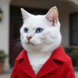 a white cat with blue eyes wearing a red formal overcoat, hyperrealistic, concept art, octane render, unreal engine 5, realistic and defined face, profile picture, digital art, pixar and disney style, symmetrical, high quality, highly detailed, high coherence, path traced, house background, low contrast, beautiful