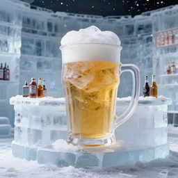 a photo or a cup made out of ice with beer in it, on an ice bar in an ice room