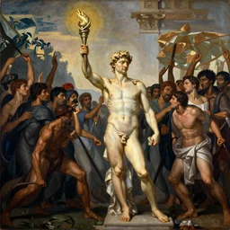 a painting of Yair Lapid holding a torch and leading a crowd of people in the style of Michaelangelo