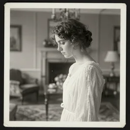 a double exposure of a beautiful side view portrait from above of a solemn young woman looking down, apparition, ghostly, white dress, with an estate agent photo of a stately home living room, scratched photo, damaged edges, old, black and white damaged photo, 1 9 2 0 s