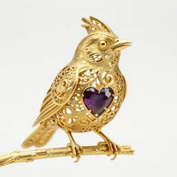 hollow filigree canary with gemstone in its heart, photography