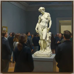a painting by edward hopper of a crowd around a sculpture of a deformed human body middle of a museum