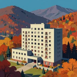 a psychedelic hallucination of a brutalist hotel in the autumn mountains, by kawase hasui, moebius, edward hopper, colorful flat surreal design, dramatic lighting, hd, 8 k, artstation