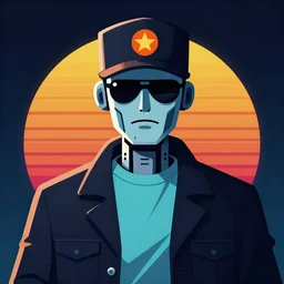 a portrait of noir robot detective in retro colors, synthwave style, 2 d digital vector art