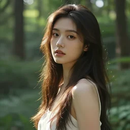 beautiful girl standing in a lush forest, depth of field, in the style artgerm