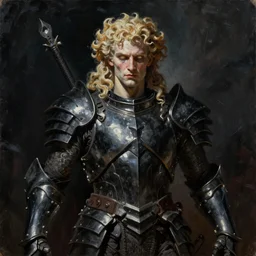 oil painting of a pale menacing Apollo with long curly blond hair and piercing glowing eyes, powerful sci fi centurion in tall jagged black plate armor, cinematic chiaroscuro creeping darkness, by J.C leyendecker and norman rockwell