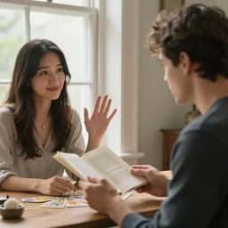 beguiling man asking a fair young woman to join him beside a window so he can read her palm
