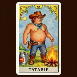 an ethereal tarot card painting of a shirtless goofy cowboy with a stocky build and belly | background is a serene campfire | tin cans and jugs of whisky | tarot card, art deco, art nouveau | by Mark Maggiori | trending on artstation